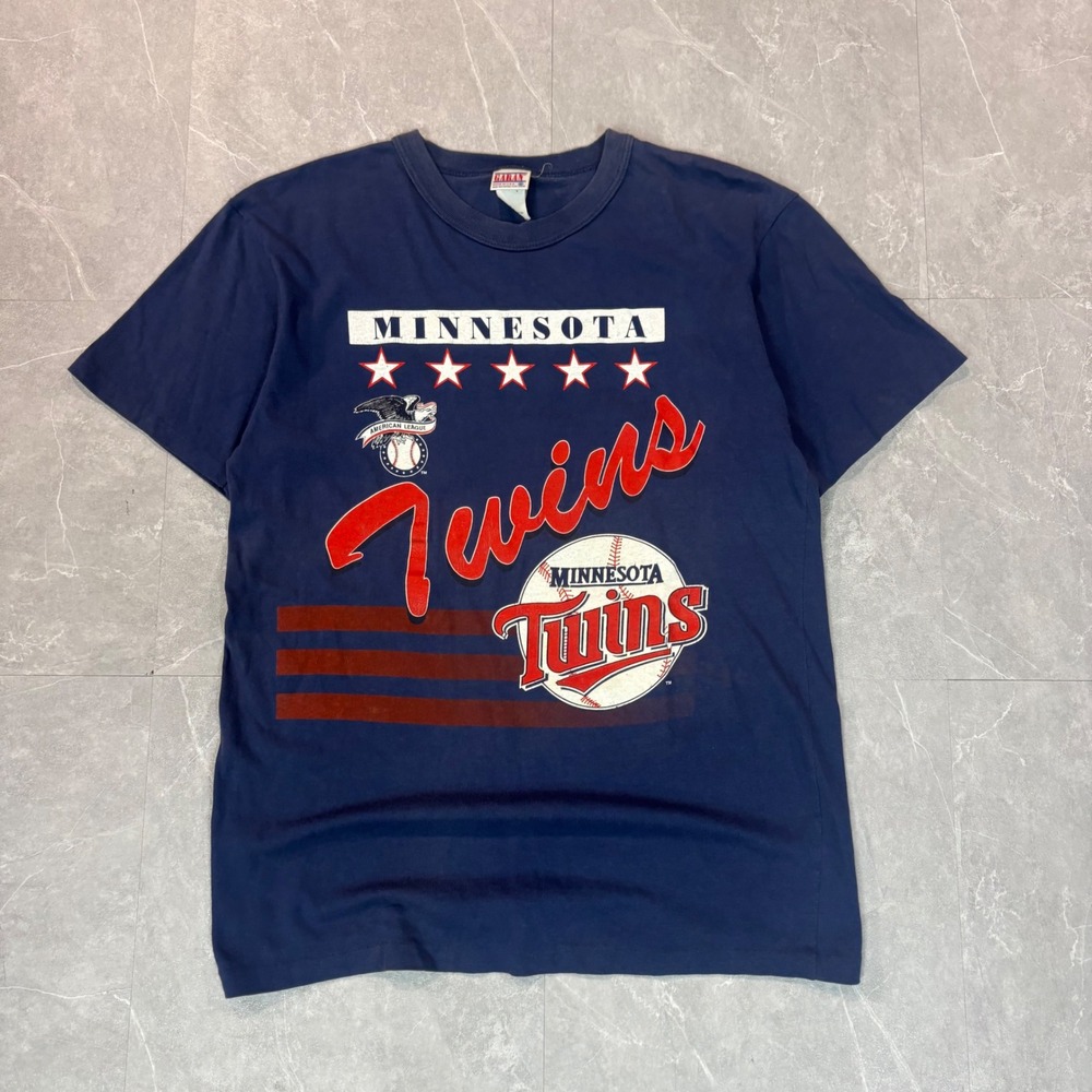 Vintage Garan Minnesota Twins T Shirt Mens Medium Navy Blue Made in USA MLB Tee